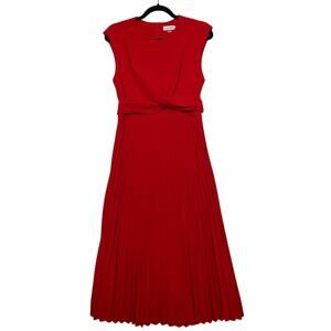 Calvin Klein Red Twist Front Full Pleated Skirt Sleeveless Midi Dress Size 6